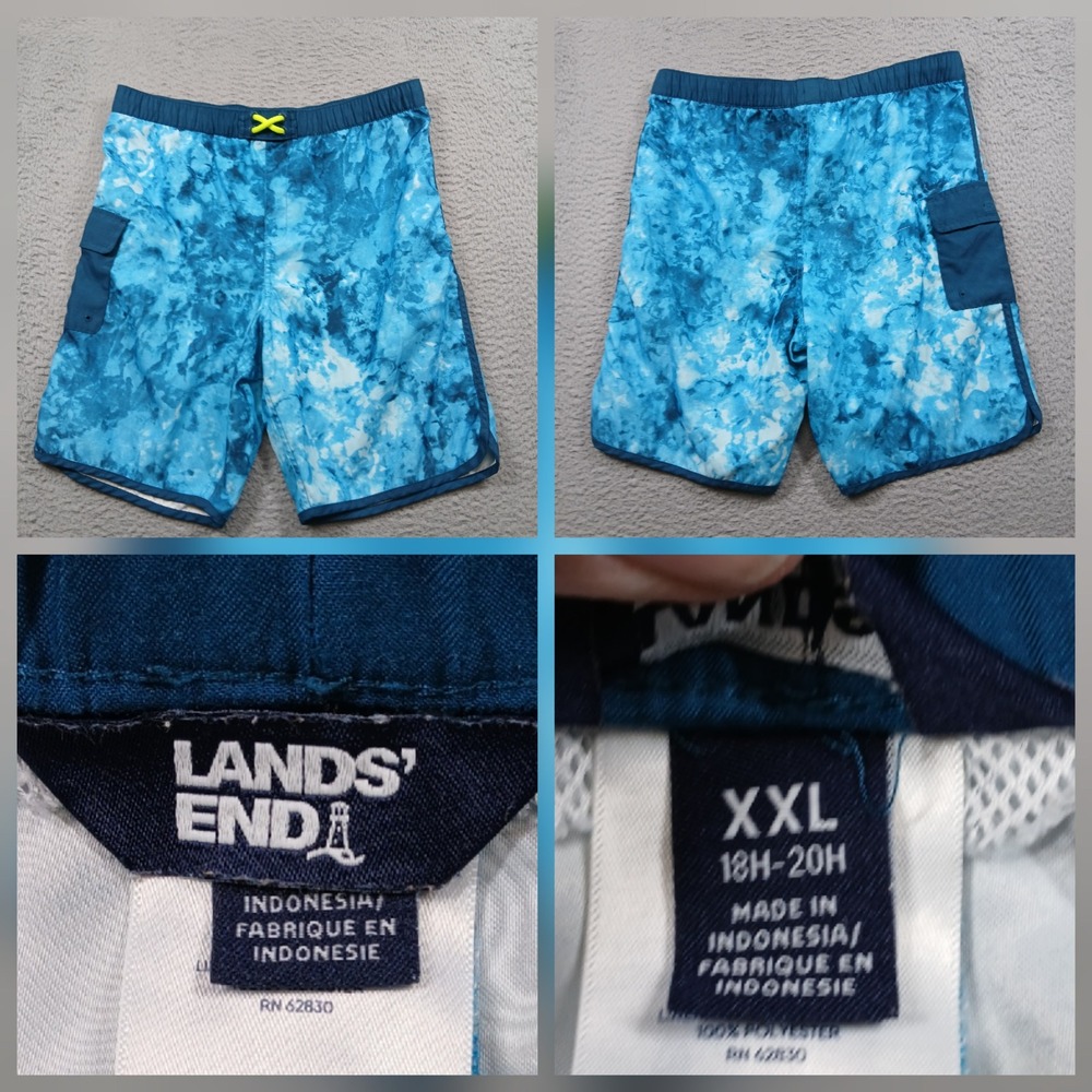 Lands' End Boys XXL 18H-20H Swim Trunks Blue Tie Dye Cargo Pocket Mesh Liner‎